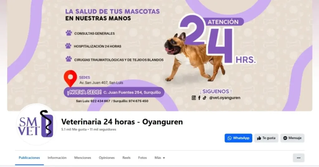 Captura de pantalla de una cuenta de Facebook de Una veterinaria 24 horas correctamente optimizada que cuenta con 11,000 seguidores