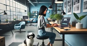 una señorita, sentada en su escritorio con su laptop editando contenido audiovisual para las redes sociales de un cliente de su agencia de publicidad, a su lado está un perrito bonito